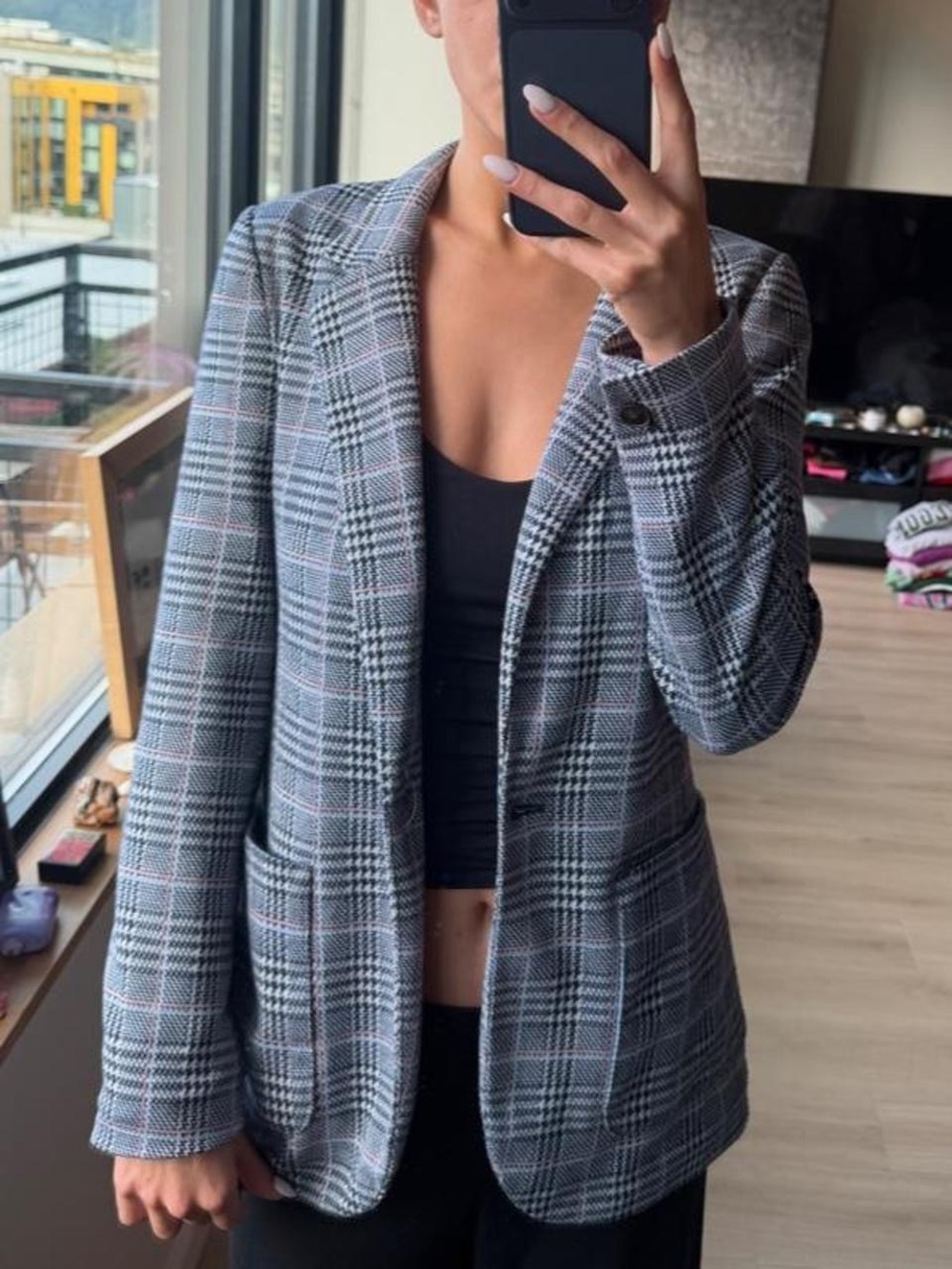 GAP Grey Plaid Longline Blazer Jacket - Women